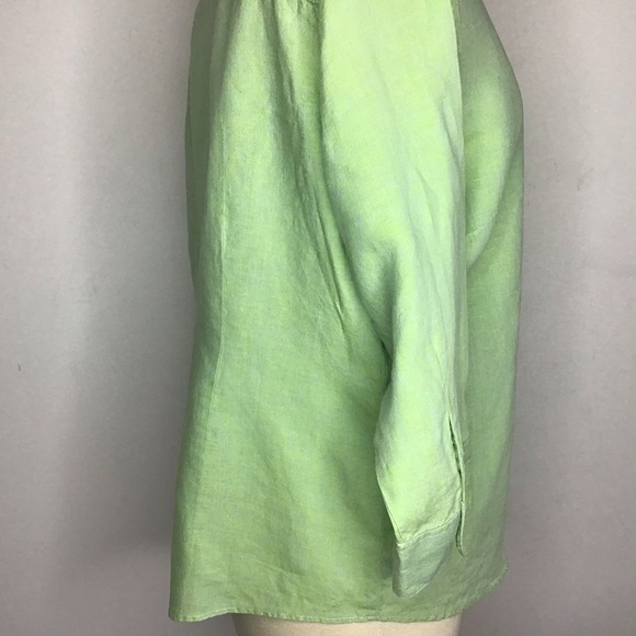 LL Bean 100% linen sherbet green 3/4 sleeve button up pointed collar shirt Med - Picture 6 of 10